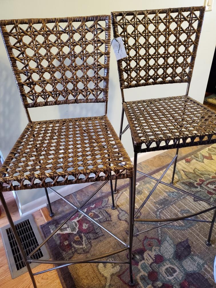 Chairs Woven Rattan and Metal Pair Pub Style SOLD